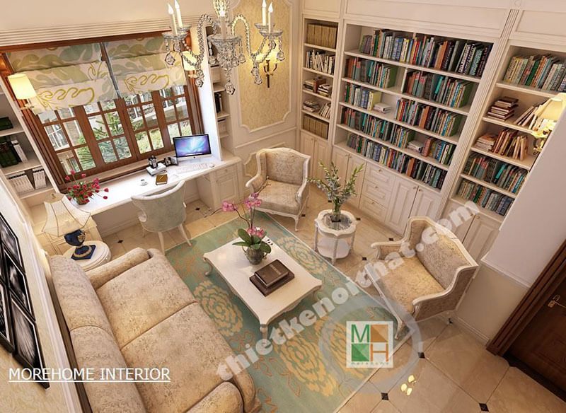 Phòng đọc sách rộng là một không gian dành cho các thành viên trong gia đình để làm việc và thư giãn.